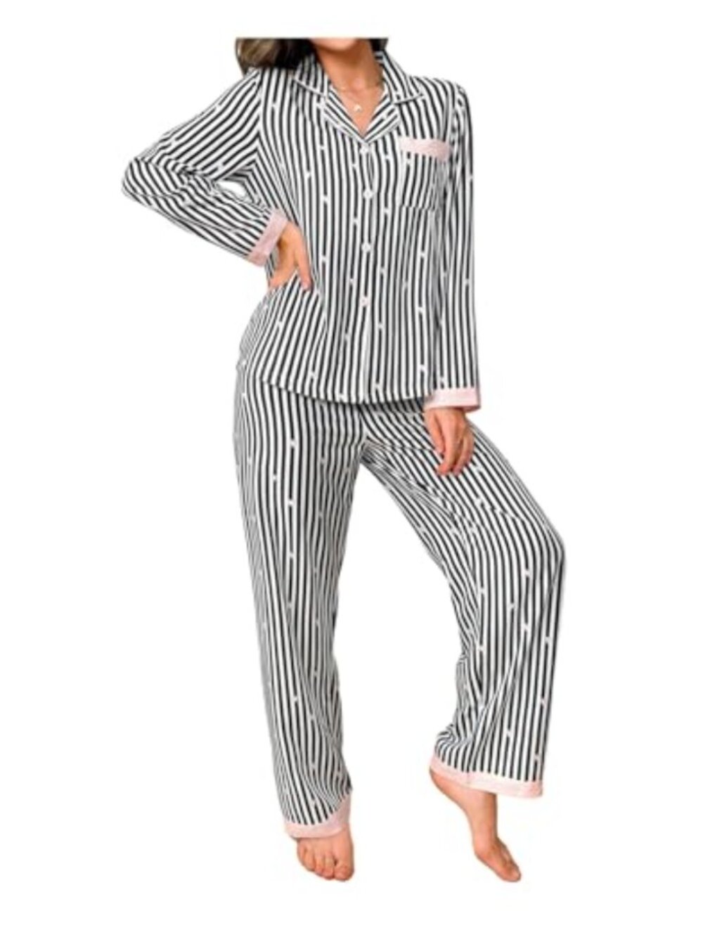 Striped Heart Print 2 Piece Pajama Set Long Sleeve Button Down Sleepwear